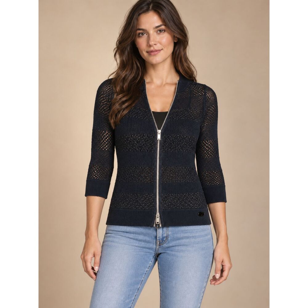Armani Exchange Open Knit Zip Cardigan S Dark Navy Cotton Blend 3/4 Sleeve